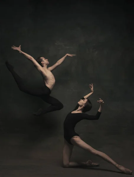 Bella donna aggraziata e uomo, ballerini di danza classica in arte danza isolata su sfondo scuro — Foto Stock