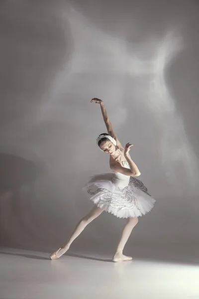 Jovem graciosa balerina na imagem de cisne branco no desempenho de arte isolado no fundo branco cinza. — Fotografia de Stock