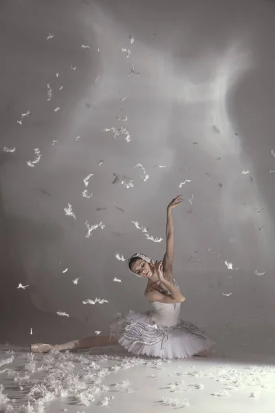 Jeune balerina gracieuse à l'image du cygne blanc dans la performance de l'art isolé sur fond blanc gris. — Photo