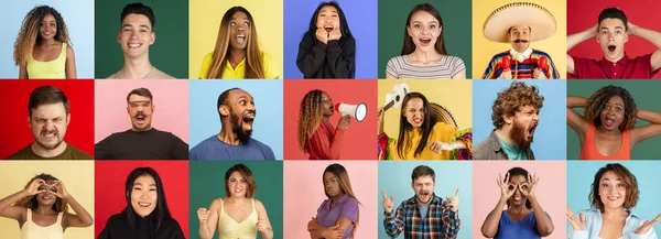 Collage van etnisch diverse mensen op gekleurde achtergronden. Concept van menselijke emoties, gezichtsuitdrukkingen — Stockfoto