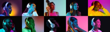 Beyaz kulaklıklı farklı etnik kökenli insanların portrelerinin kolajı çok renkli arka planda izole edilmiş..