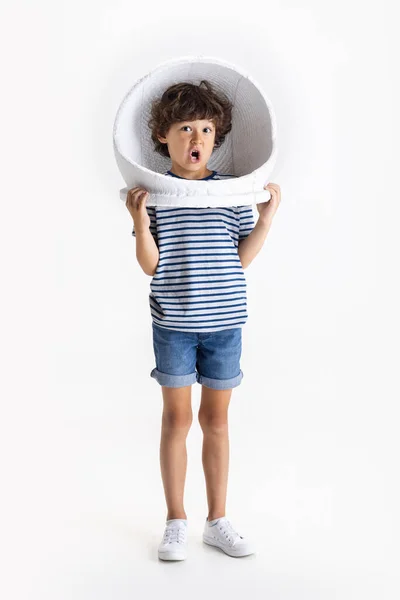 Portrait of little preschool boy posing isolated over white studio background. — Stock Photo, Image