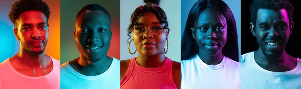 Collage av 5 ungdomar, flickor och pojkar isolerade på flerfärgade bakgrunder i neon — Stockfoto