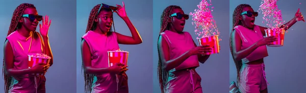 Collage av fyra porträtt av unga vackra afrikanska kvinna med popcorn isolerad över grå studio bakgrund i neon — Stockfoto
