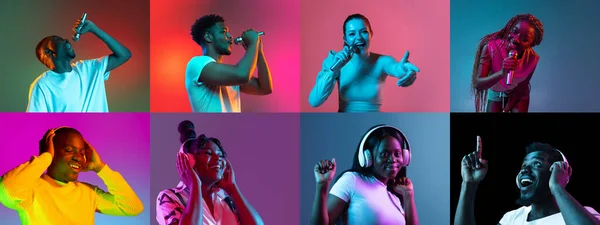 Κολάζ πορτραίτων εθνοτικά διαφορετικών ανθρώπων που απολαμβάνουν τη μουσική, τραγουδώντας απομονωμένα σε πολύχρωμο φόντο σε φώτα νέον — Φωτογραφία Αρχείου