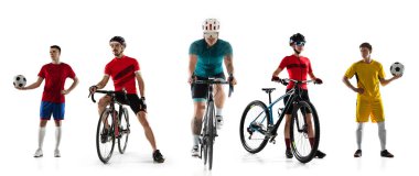 Çoklu spor kolajı. Profesyonel futbolcular ve bisikletçiler beyaz arka planda izole edilmiş. El ilanı