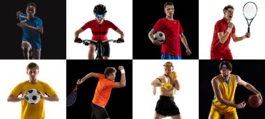 Beyaz ve siyah arkaplanda izole edilmiş 8 sporcu, futbol, basketbol, tenis oyuncusu, sporcu ve bisikletçinin kolajı.