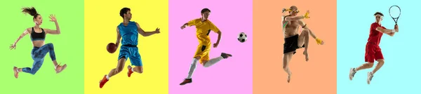 Collage de différents sportifs professionnels, aptes à l'action et au mouvement isolés sur fond multicolore. — Photo