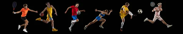 Idrottsmän i rörelse. Fotboll, tennis, basketspelare och löpare cyklister isolerade på svart bakgrund. Flygblad — Stockfoto