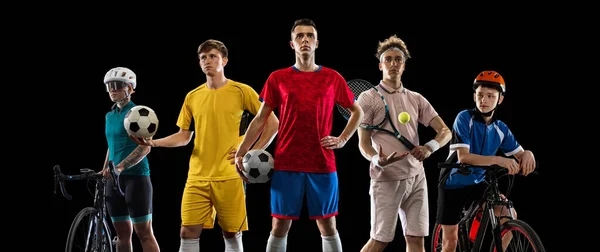 Collage multi sport. Calcio, tennisti e ciclisti, sportivi isolati su sfondo bianco. Volantino — Foto Stock