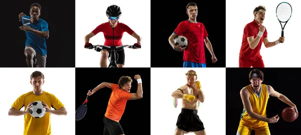 Kolaż 8 sportowców, piłki nożnej, koszykówki, tenisistów, sportowców i rowerzystów izolowanych na białym i czarnym tle. — Zdjęcie stockowe