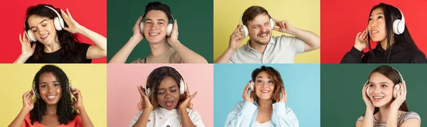 Collage of portraits of an ethnically diverse people in headphones isolated over multicolored backgrounds. — Stock Photo, Image