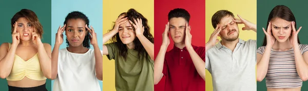 Terrible headache. Collage of portraits of an ethnically diverse people isolated over multicolored background. — Stock Photo, Image