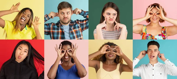 Collage von Porträts ethnisch unterschiedlicher Menschen, die unterschiedliche Emotionen zeigen, isoliert über bunte Hintergründe. — Stockfoto