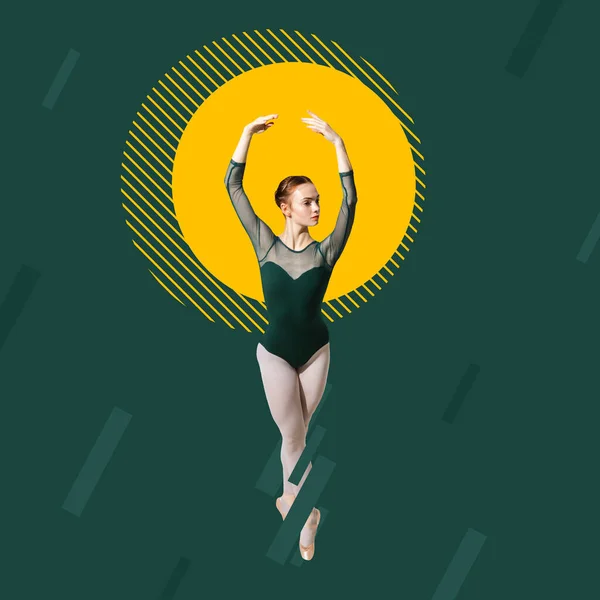 Collage d'art. Portrait de jeune danseuse de ballet isolée sur fond vert avec un grand cercle jaune. Image pleine grandeur — Photo