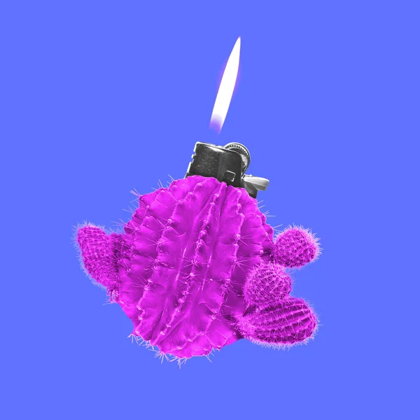Zapalte plamen. Kreativní složení zapalovače v podobě kulatého růžového kaktusu. Kopírovací prostor pro inzerci — Stock fotografie