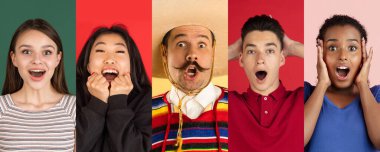 Çok renkli arka planlara izole edilmiş genç kadın ve erkek resimleriyle kolaj. El ilanı