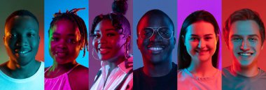 The collage of faces of 6 young smiling people isolated over multicolored neon backgrounds. Flyer