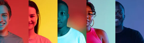 Flyer with ccollage of cropped portraits of five young smiling people isolated over multicolored neon backgrounds — Stock Fotó