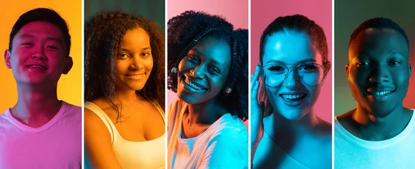 Collage of cropped portraits of six young people, man and women isolated over multicolored neon backgrounds — Foto Stock