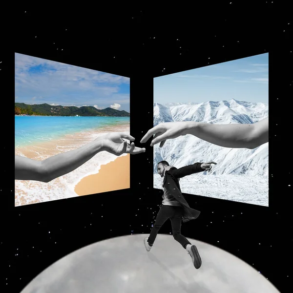Caminando en la Luna. Joven hombre caucásico corre en el espacio a las imágenes de la playa y las montañas nevadas. collage creativo —  Fotos de Stock
