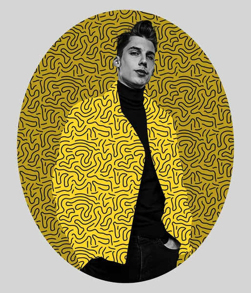 Retrato de un joven guapo hombre caucásico en chaqueta estampada amarilla transformándose en fondo de la imagen. Negro y amarillo —  Fotos de Stock