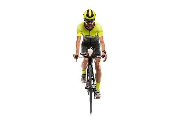 Young professional cyclist, man on road bike isolated over white background. Front view — Foto de Stock