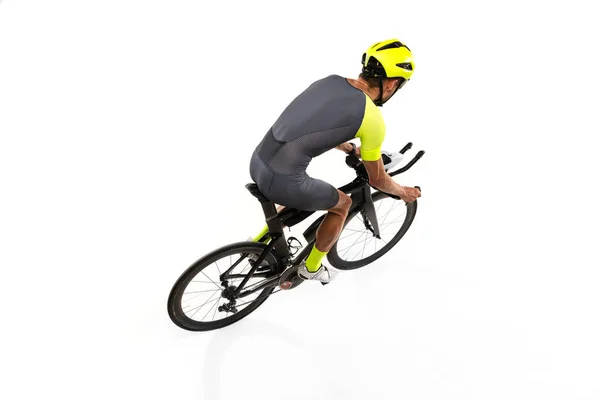 Image of professional male bicyclist, man on road bike isolated over white background. View from above — Stockfoto