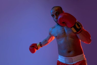 Güçlü yumruklar. Kırmızı şortlu profesyonel bir boksör, neon ışıkta mor arka planda izole edilmiş egzersiz yapıyor..