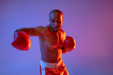 Profesyonel bir boksör, hareket halinde. Mor arka planda, neon ışıkta izole edilmiş. Yarım boy portre