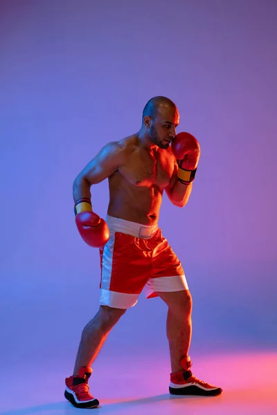 Sidovy porträtt av en professionell boxare i handskar träning, tränar isolerad över lila bakgrund i neon ljus. — Stockfoto