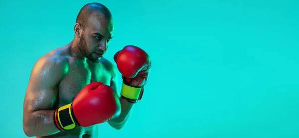 Flygblad. En professionell boxare i röda handskar träning, tränar isolerad över blå grön bakgrund i neon ljus. — Stockfoto