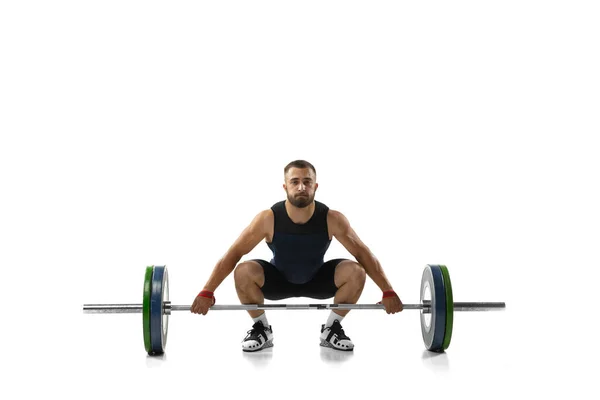 전체 길이 스포츠 흰색 배경에 고립 된 무게와 운동에 있는 남자의 초상화 — 스톡 사진
