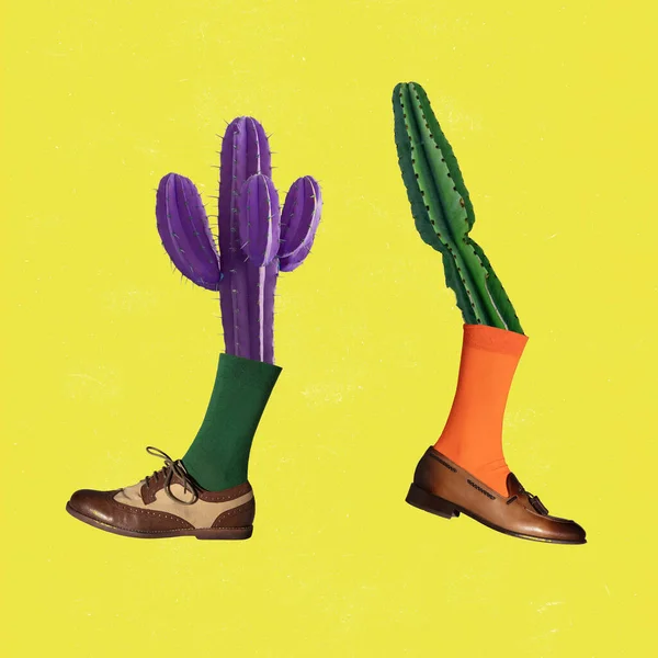 Modern művészeti kollázs. Két színes kaktusz különböző cipőt visel sárga háttér felett. A természetmentés fogalma. — Stock Fotó