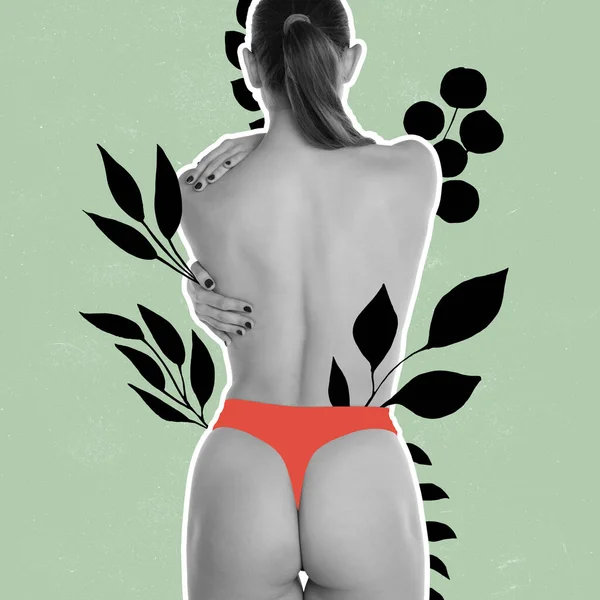Collage de arte contemporáneo. Obra creativa. Delgado cuerpo femenino en ropa interior roja decorada con hojas y flores negras. —  Fotos de Stock