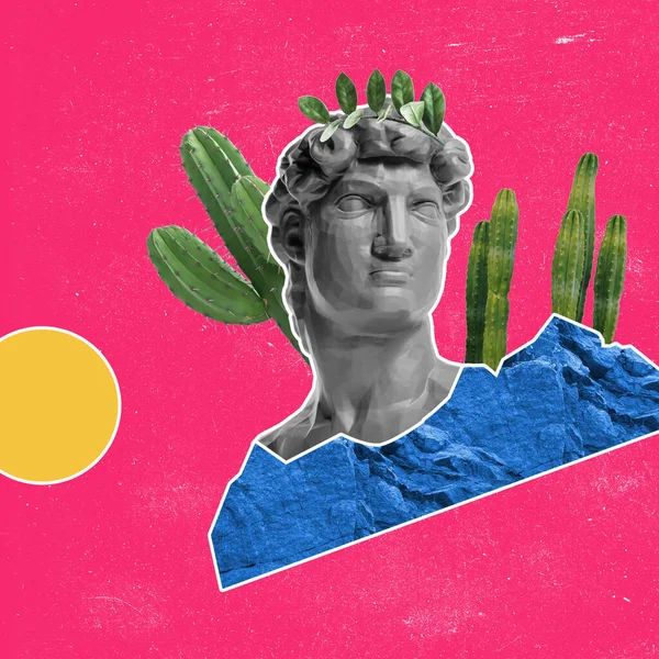 Collage d'art moderne. Création artistique. Statue grecque antique avec cactus vert et montagnes bleues — Photo