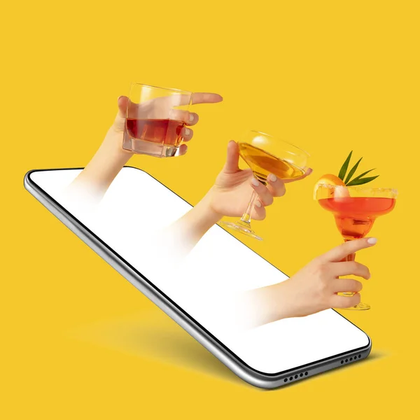 Creative collage. Hands with alcohol drinks sticking out of the smartphone screen over yellow background. — Stock Photo, Image