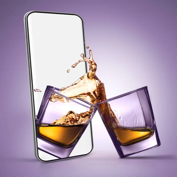 Collage d'arte contemporanea. Bicchieri di bourbon, whisky posizionato sullo schermo del telefono su sfondo viola. — Foto Stock