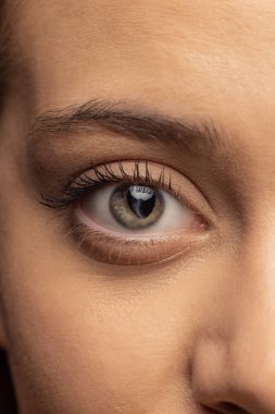 Hassas bronzlaşmış tenli bir kadın yüzü. Doğal kadın güzellik konsepti