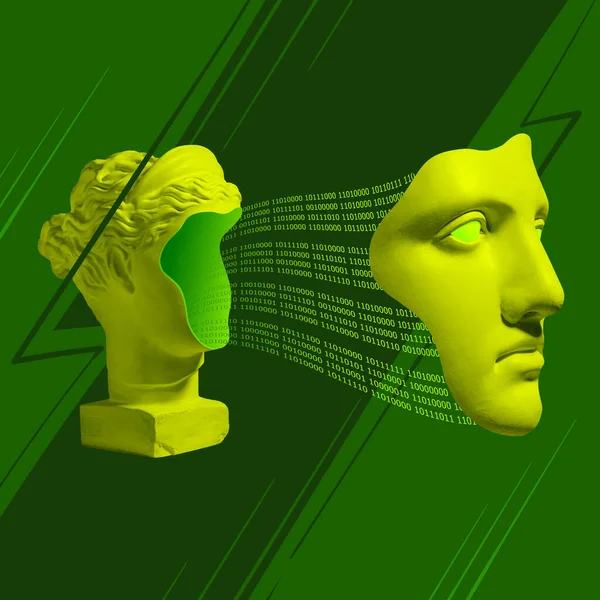 Creative collage. Image of ancient greek statue with binary code on green background. — Stock Photo, Image