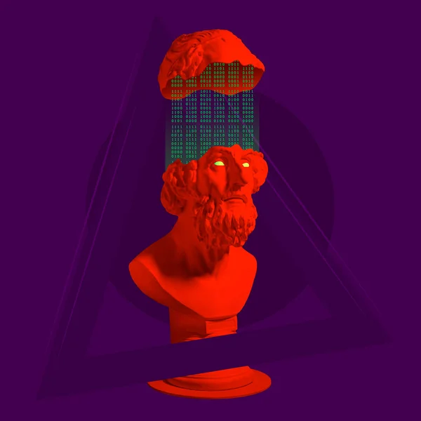 現代美術のコラージュ。暗い紫色の背景にバイナリコードで赤い古代ギリシャの像の画像. — ストック写真