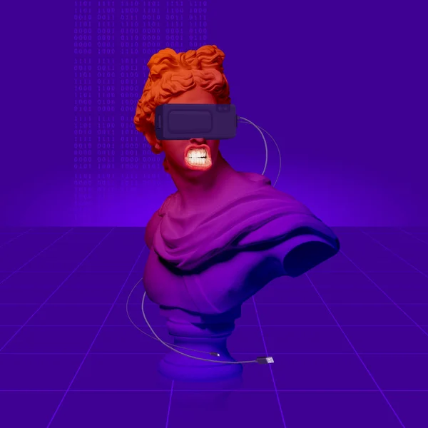 Collage zeitgenössischer Kunst. Bild einer antiken griechischen Statue mit Binärcode in einer VR-Brille auf dunkelviolettem Hintergrund. — Stockfoto