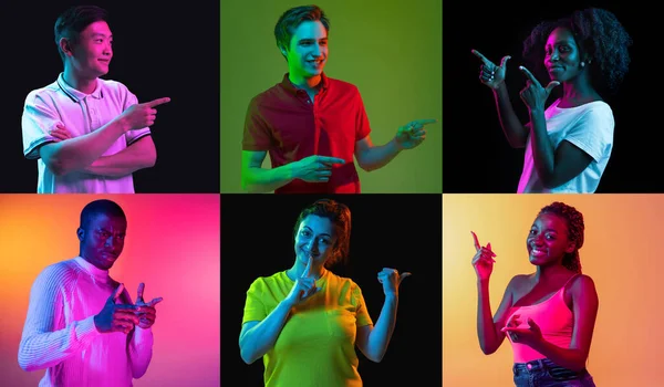 Ukazující prsty. Koláž obrazů šesti mladých lidí, usmívajících se mužů a žen izolovaných na pestrobarevném neonovém pozadí. — Stock fotografie