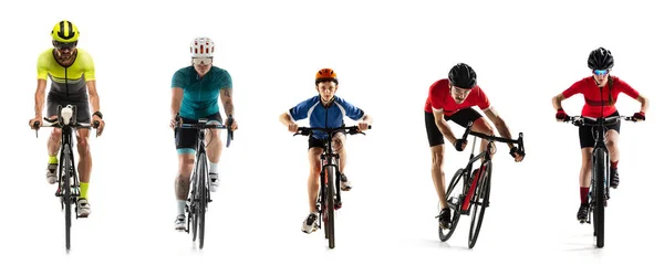 Sport-Collage. Junge Radlerinnen und Radler auf Rennrädern vereinzelt vor weißem Hintergrund. Flyer — Stockfoto