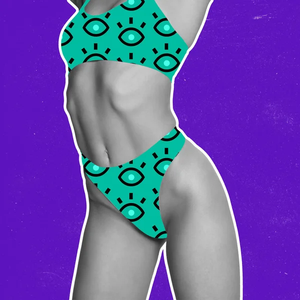 Ψιλοκομμένο γυναικείο σώμα σε πράσινο μοτίβο εσώρουχα πάνω από σκούρο μπλε φόντο. Ομορφιά, φυσική κατάσταση, μασάζ έννοια — Φωτογραφία Αρχείου