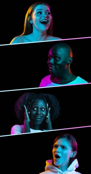 Colagem de retratos de quatro jovens isolados sobre fundo preto em luz de néon. — Fotografia de Stock