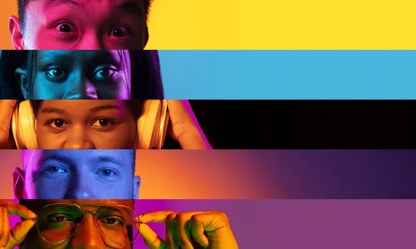 Beskurna manliga och kvinnliga ögon placeras på flerfärgade smala ränder. Kollage — Stockfoto