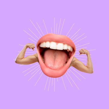 Contemporary art collage in surreal style. Female mouth with muscular hands over purple background. clipart