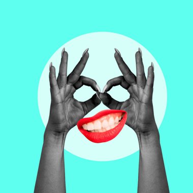 Contemporary art collage with female hands and smiling mouth. Modern art design in trendy colors. clipart
