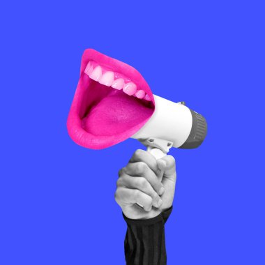 Contemporary art collage with megaphone and female mouth in surreal style. clipart